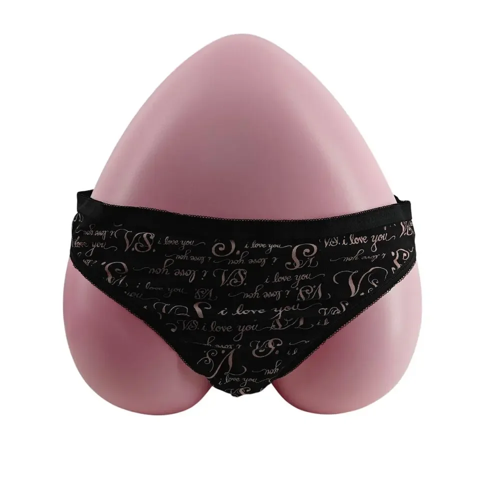 Victoria Secret Black Pink I Love You Cotton Thong Panty Womens Large
